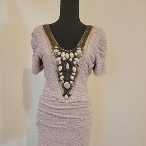 Frederick's Body Con Dress, Beige with Jewel Embellishing Size Medium